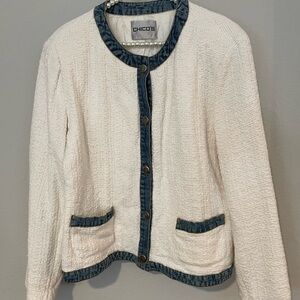 Chico's White Blazer with Navy Denim Trim